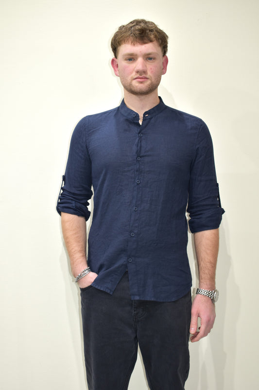 Camicia uomo in lino con collo coreano