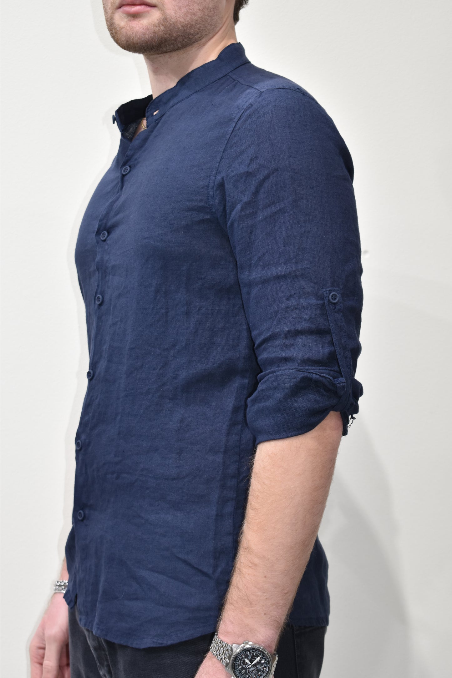 camicia uomo in lino con collo coreano