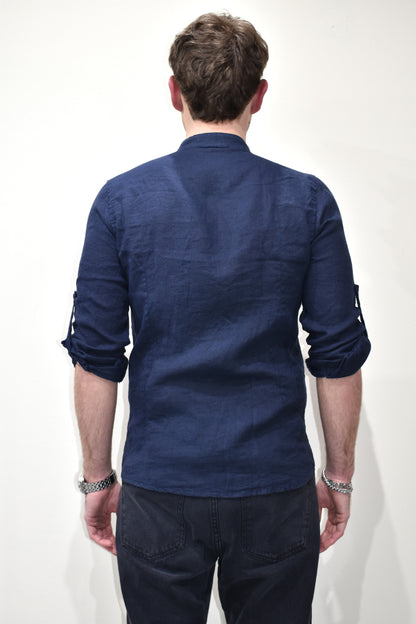 Camicia uomo in lino con collo coreano