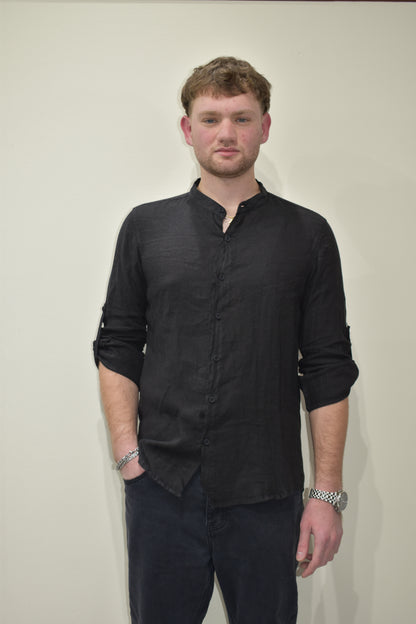 Camicia uomo in lino con collo coreano