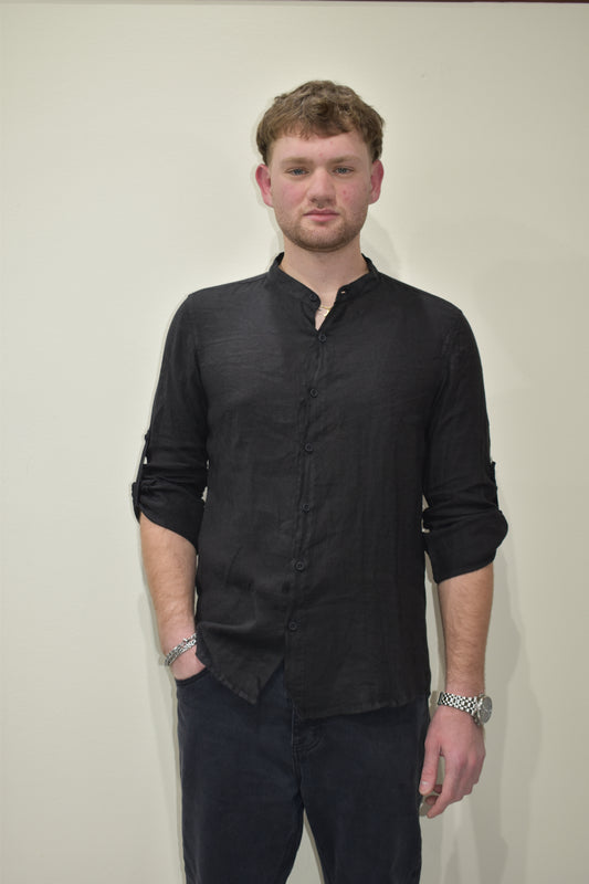 Camicia uomo in lino con collo coreano