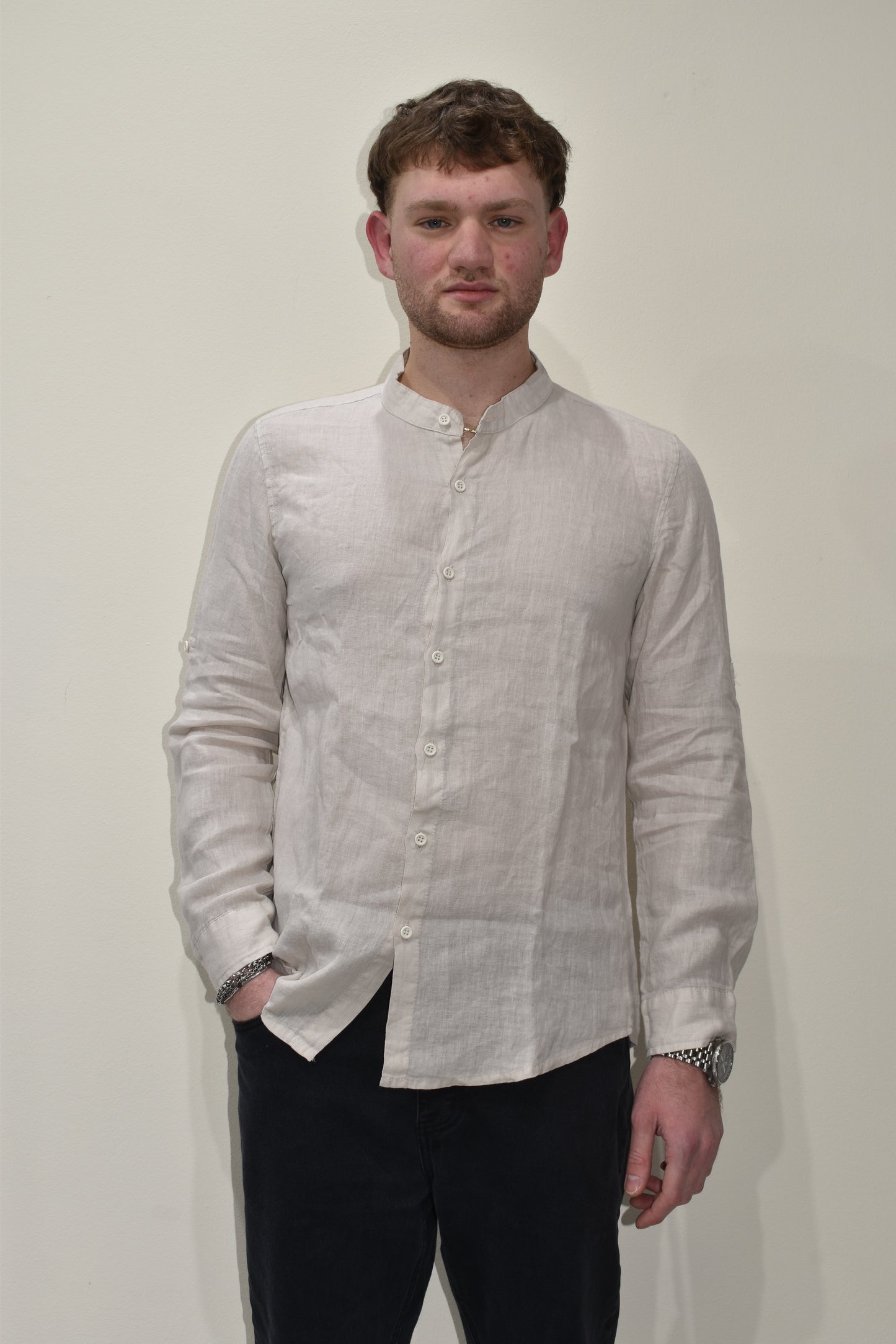 camicia uomo in lino con collo coreano