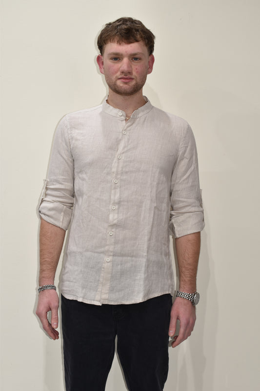 Camicia uomo in lino con collo coreano